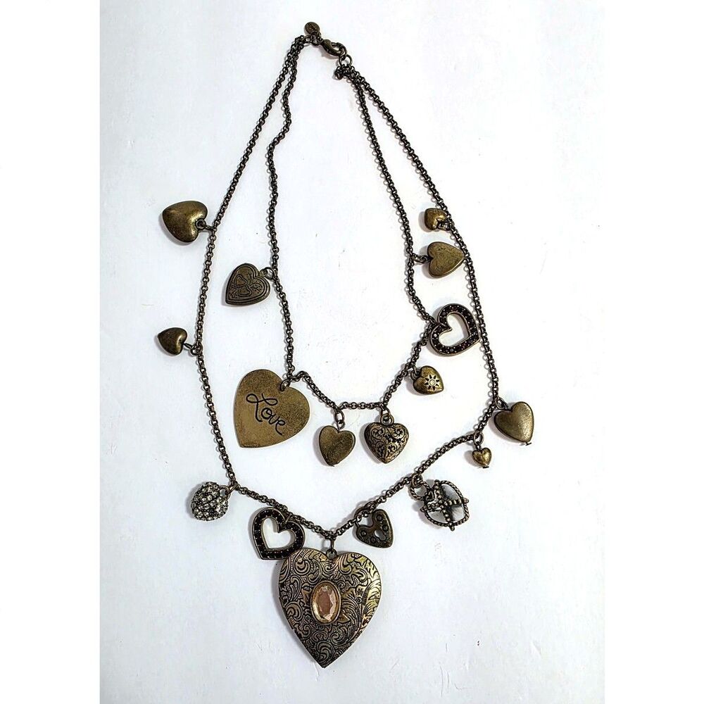 Heidi Klum Antique bronzetone Necklace - double chain heart pendants